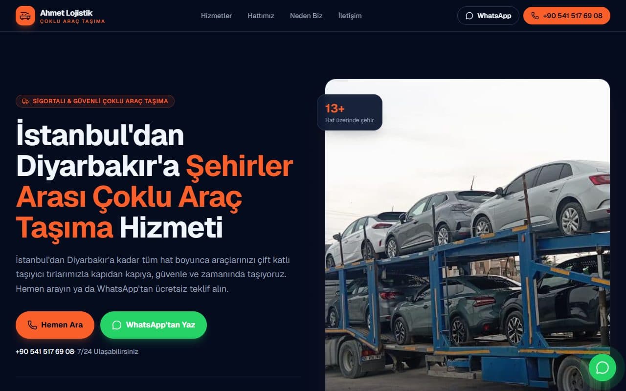 Araç Nakliyecim ana sayfasının ekran görüntüsü