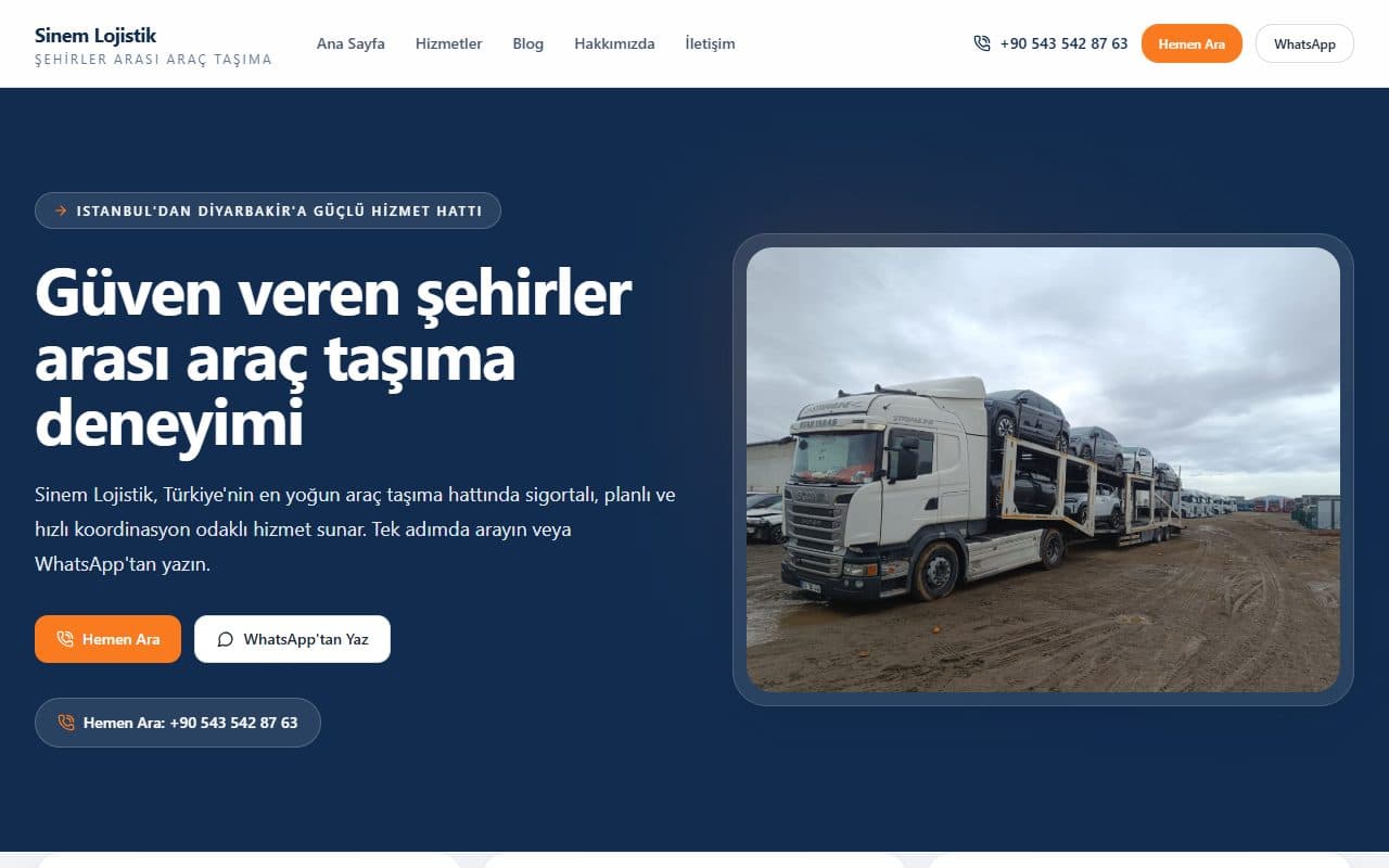 Oto Taşıma ana sayfasının ekran görüntüsü